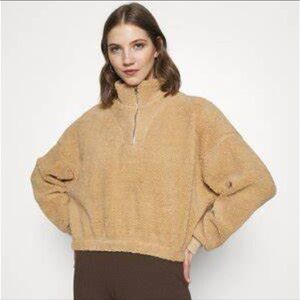 American Eagle 1/4 Zip Tan Crop Teddy XSmall Cozycore